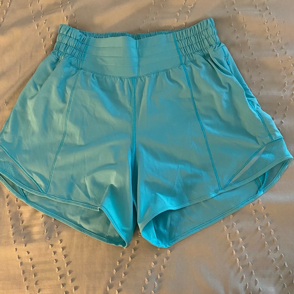 Women's Lululemon Electric Turquoise Hotty Hots 4 inch high rise shorts